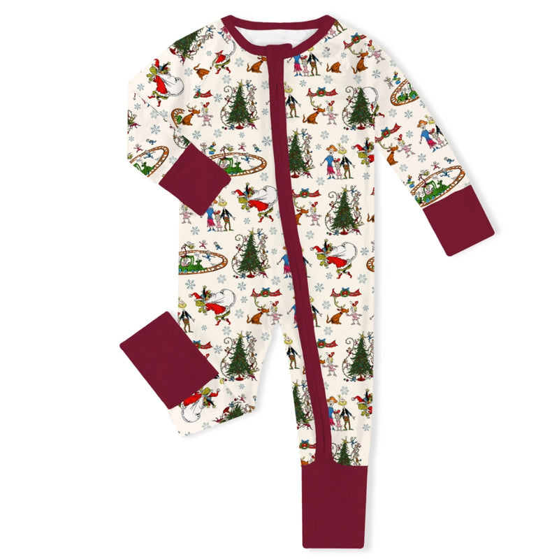 Christmas Snowflake Green Face Dog Baby Bamboo Zipper Romper Pajamas