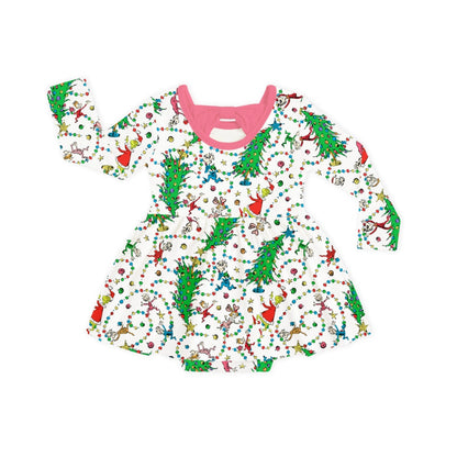 Christmas Tree Light Green Face Long Sleeve Twirl Dress With Bodysuit
