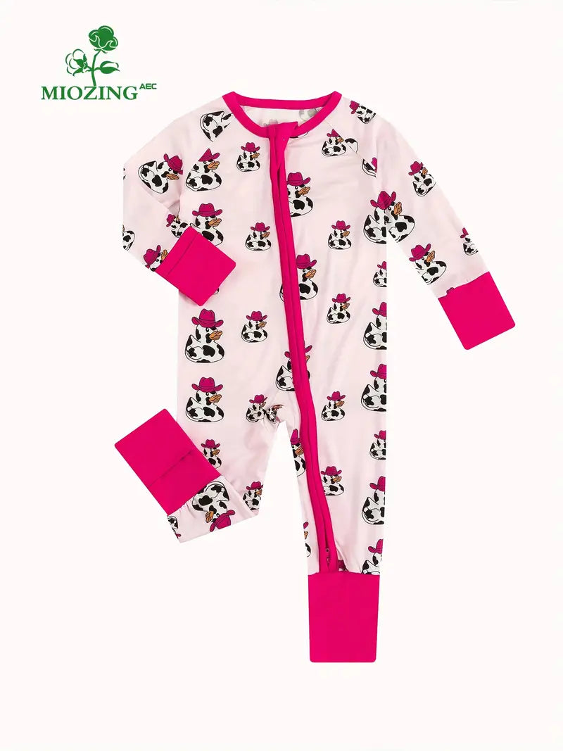 MIOZING Baby's Cartoon Cow Pattern Duck Print Bamboo Fiber Long Sleeve Romper, Toddler & Infant Girl's Bodysuit