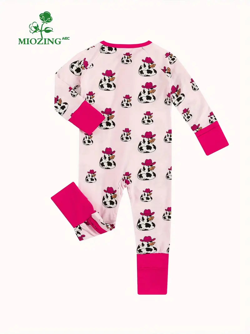 MIOZING Baby's Cartoon Cow Pattern Duck Print Bamboo Fiber Long Sleeve Romper, Toddler & Infant Girl's Bodysuit