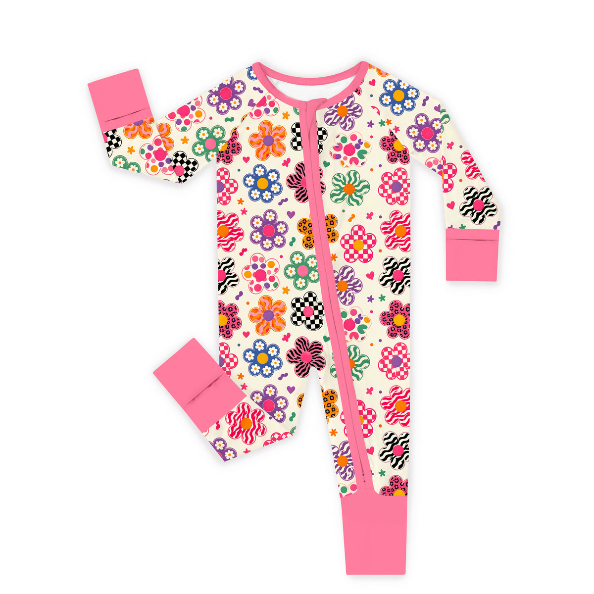 Groovy Daisy Power Pink Bamboo Zipper Pajama Romper