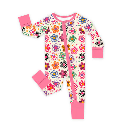 Groovy Daisy Power Pink Bamboo Zipper Pajama Romper