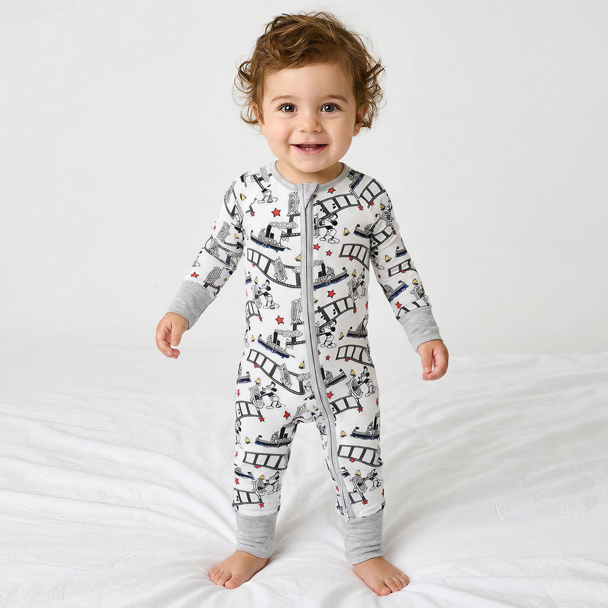 Cartoon Mouse Cruise Ship Print Bamboo Viscose Viscose Zip Raiper Pyjamas