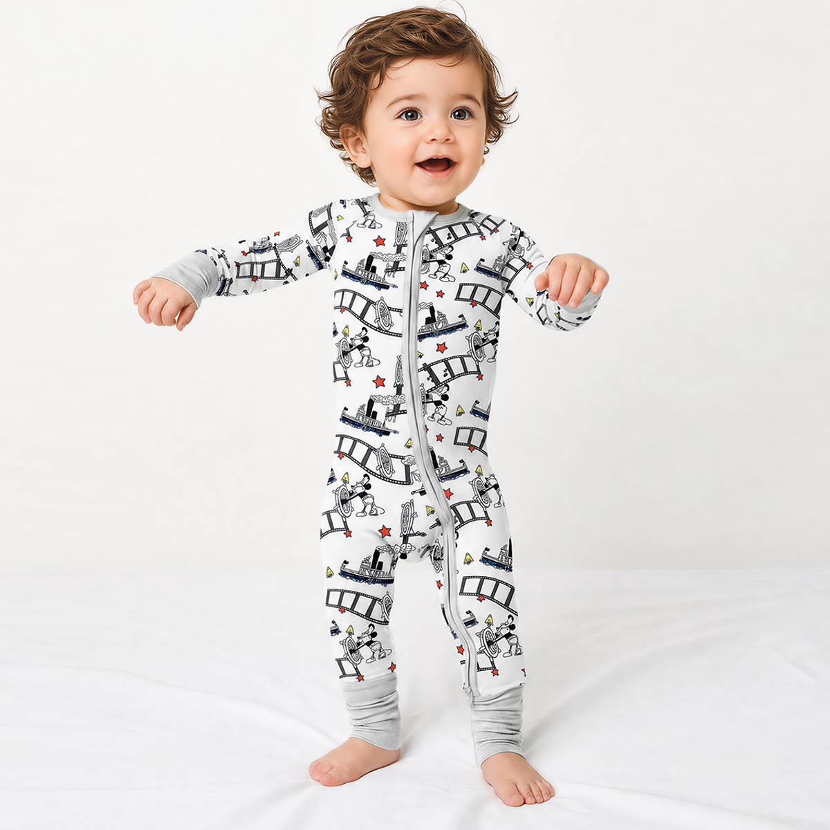 Cartoon Mouse Cruise Ship Print Bamboo Viscose Viscose Zip Raiper Pyjamas