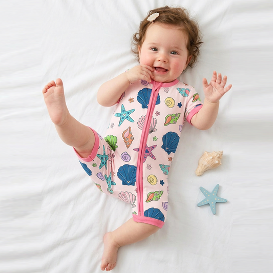 Colorful Ocean Shells and Stars Playtime Pink Short Bamboo Zippy Baby Romper