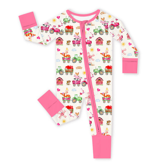 Valentine Farm Adventure Ride and Hearts Pink Bamboo Zipper Romper Pajamas