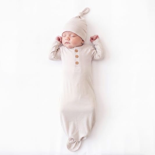 Oat Milk Solid Baby Bamboo Knotted Gown with Hat Set