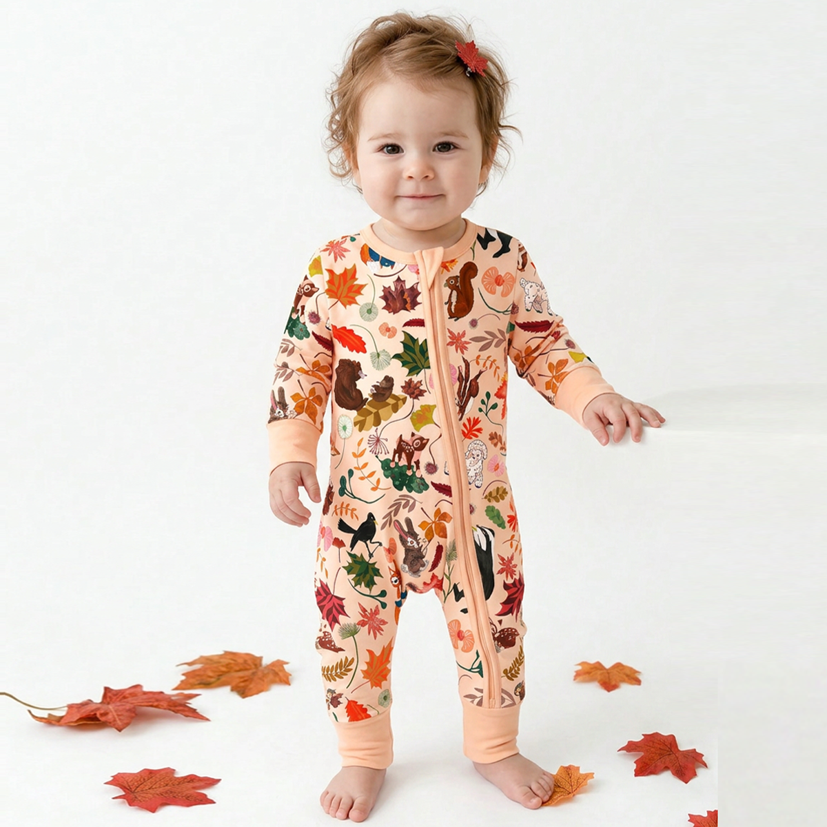 Autumn Woodland Wildlife and Fallen Leaves Peach Bamboo Zipper Romper Pajamas