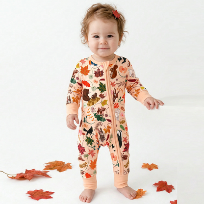 Autumn Woodland Wildlife and Fallen Leaves Peach Bamboo Zipper Romper Pajamas