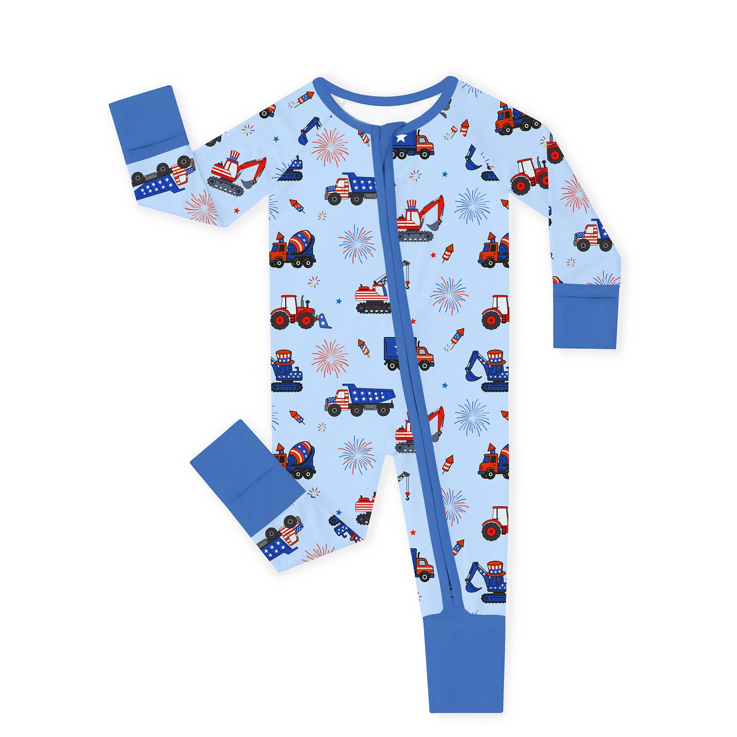 4th of July Stars Truck and Fireworks Blue Baby Bamboo Zipper Pajama Romper