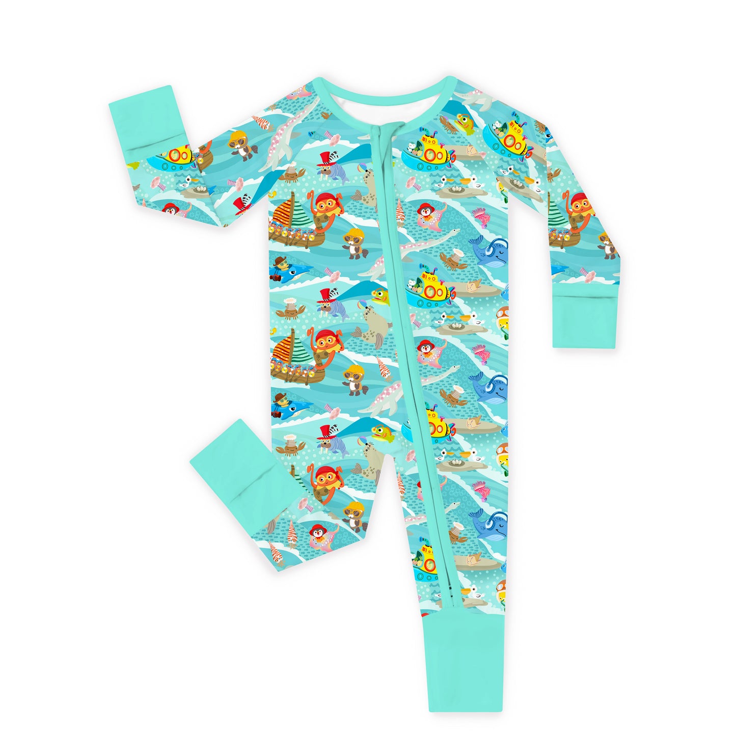 Baby Bamboo Zipper Pajama Romper Ocean Sailboat and Sea Animal Parade