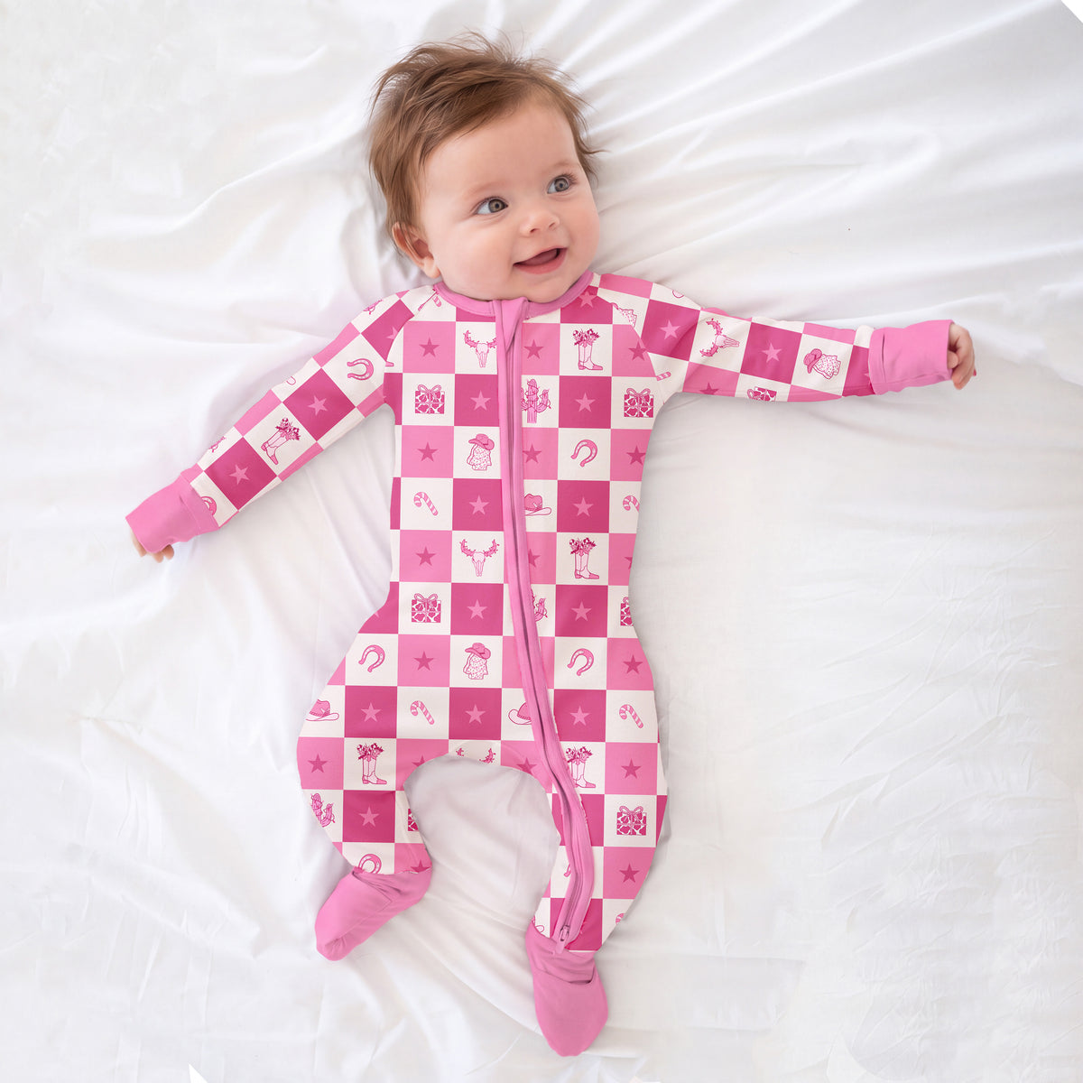 Christmas Cowgirl Checkerboard Baby Bamboo Zipper Pajama Romper