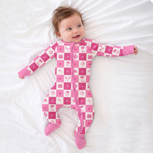 Christmas Cowgirl Checkerboard Baby Bamboo Zipper Pajama Romper