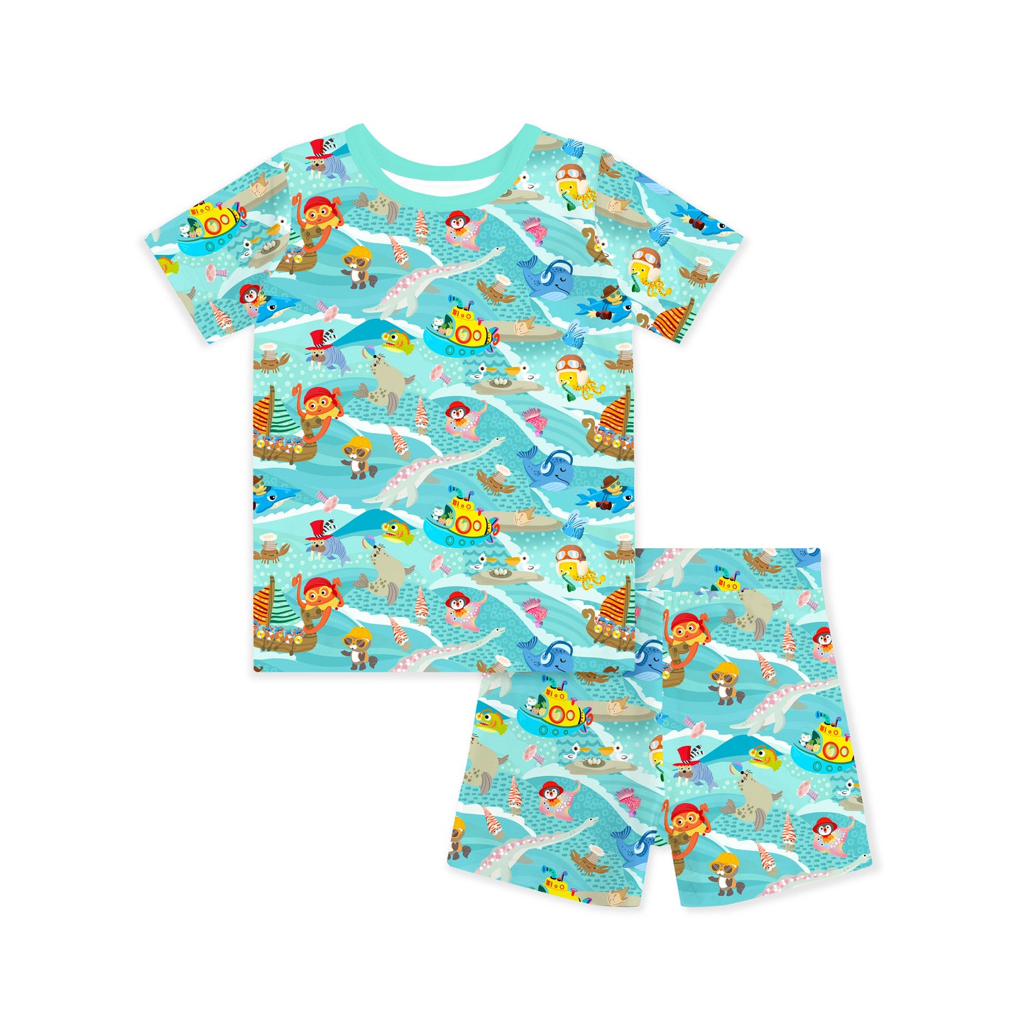 Kids Bamboo Two-Piece Pajama Set Ocean Sailboat and Sea Animal Parade