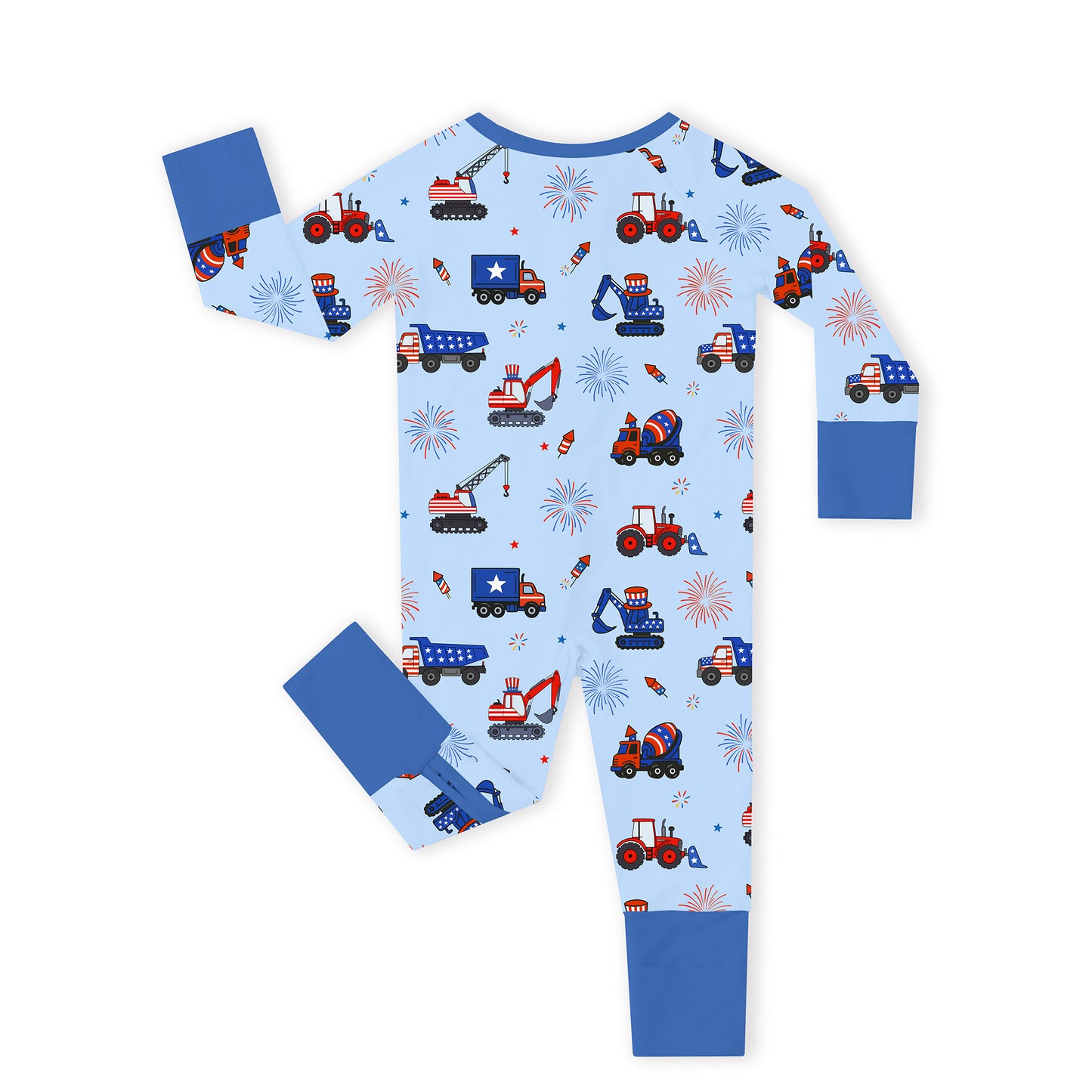 4th of July Stars Truck and Fireworks Blue Baby Bamboo Zipper Pajama Romper