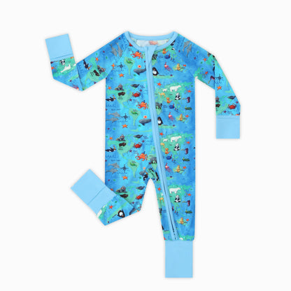 World Map Animal Pals Adventure Bamboo Zipper Romper Pajamas