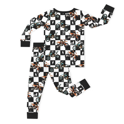 Black-White Checkered Motorcycle and Lightning Kids Bamboo Two-Piece Pajama Set