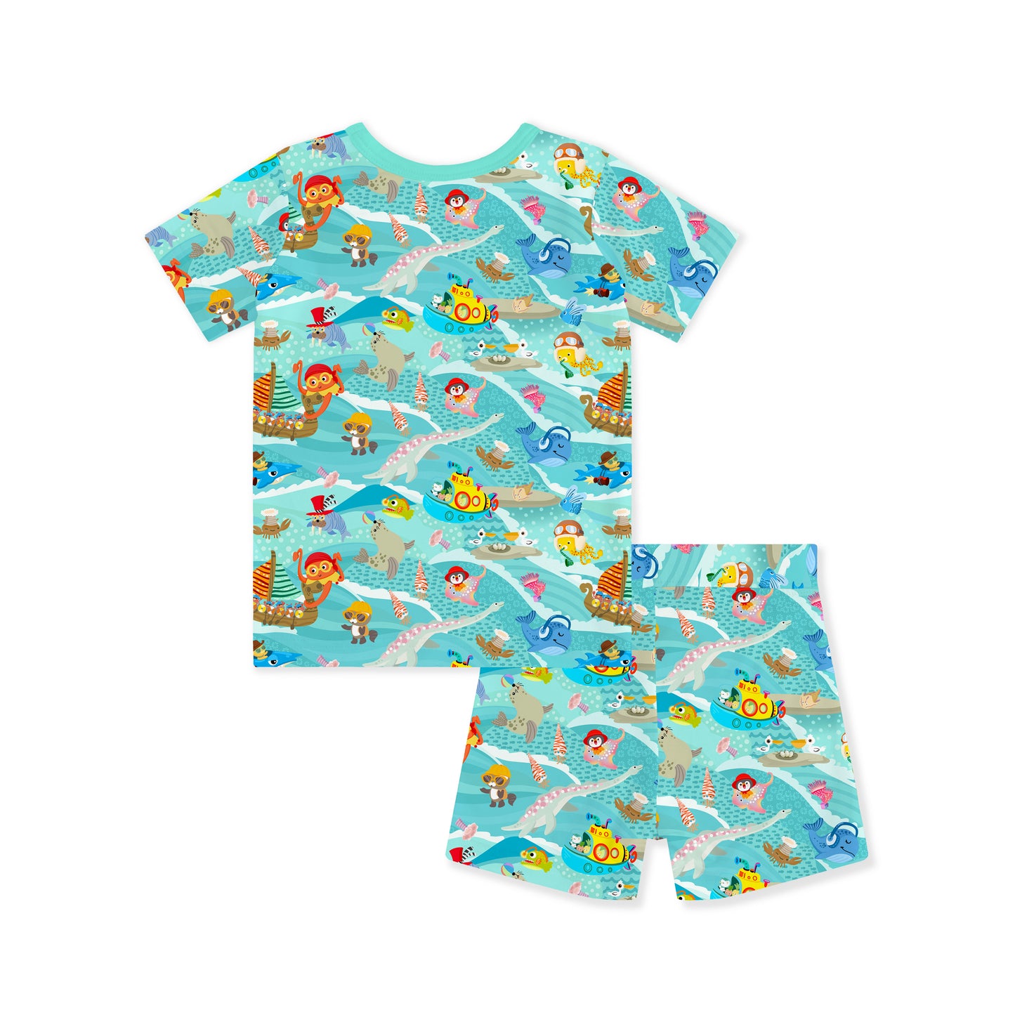 Kids Bamboo Two-Piece Pajama Set Ocean Sailboat and Sea Animal Parade