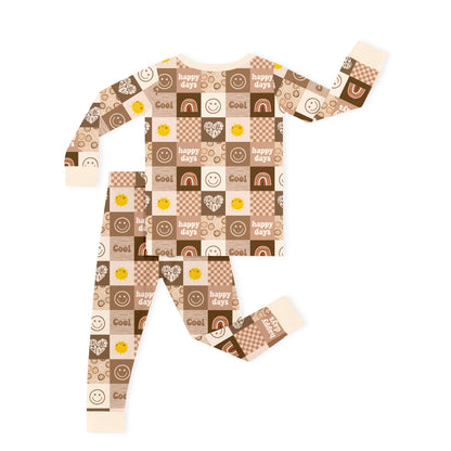 Retro Good Vibes Checkerboard Cream Kids Bamboo Two-Piece Pajama Set
