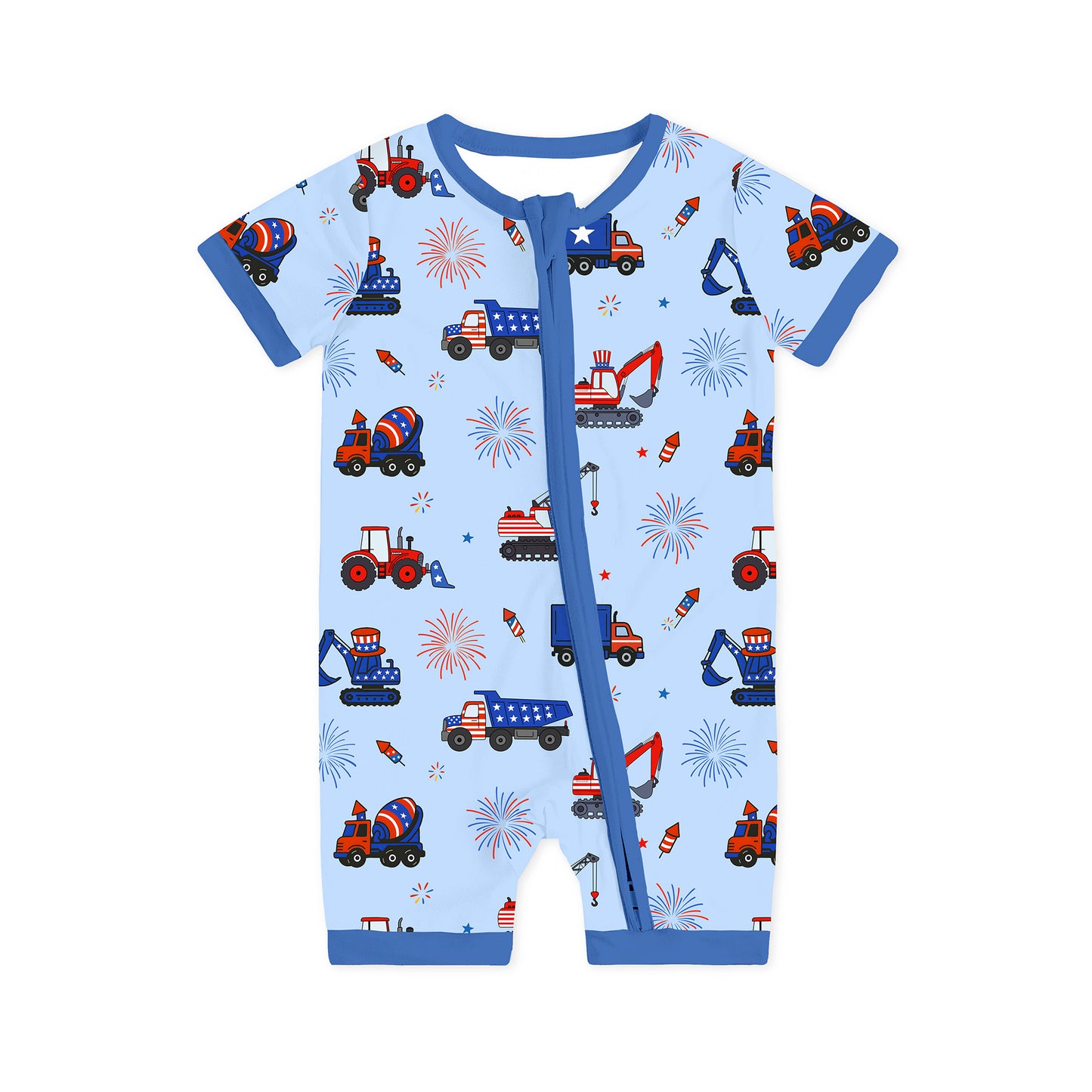 4th of July Stars Truck and Fireworks Baby Bamboo Zipper Pajama Romper