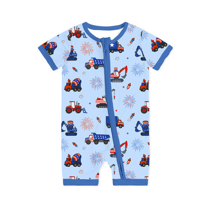 4th of July Stars Truck and Fireworks Baby Bamboo Zipper Pajama Romper
