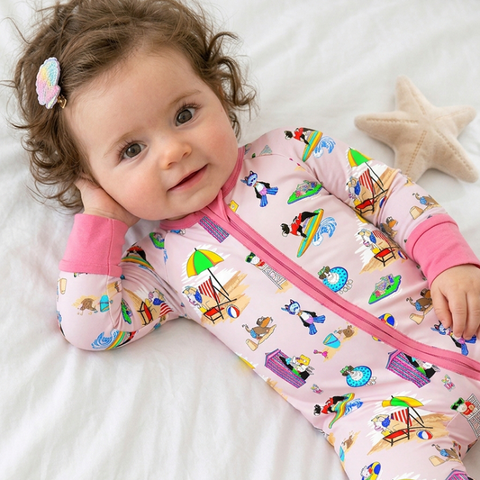 Seaside Surf Pup On Sunny Beach Pink Bamboo Zipper Romper Pajamas 1 bamboo clothing design - baby apparel bamboo clothing with custom design - baby wear front view
