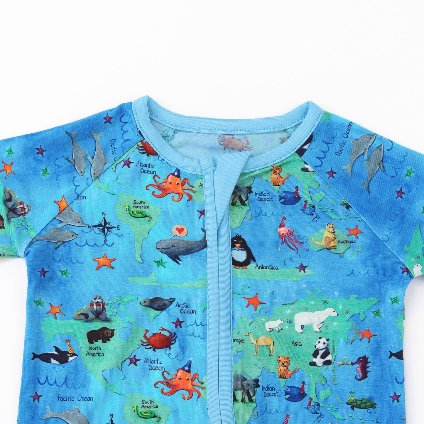 World Map Animal Pals Adventure Bamboo Zipper Romper Pajamas