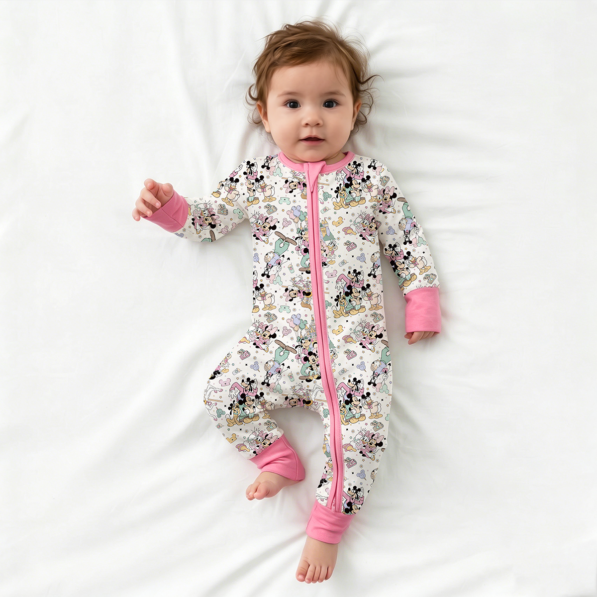 Mouse Friends Pink Bamboo Zipper Romper Pajamas