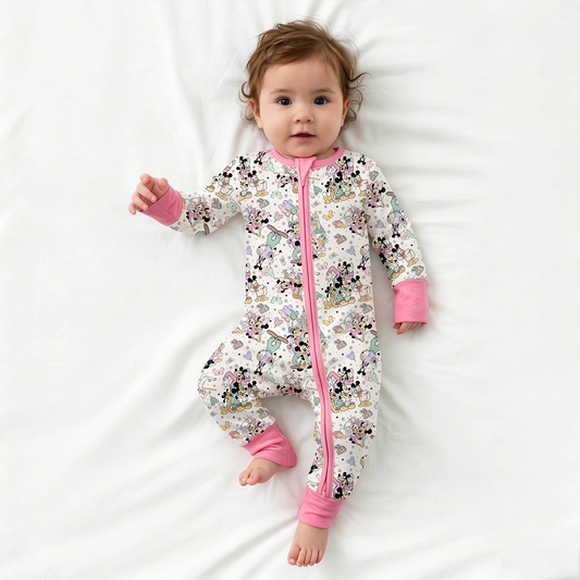 Mouse Friends Pink Bamboo Zipper Romper Pajamas