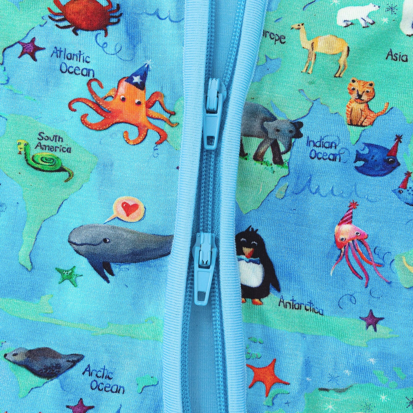 World Map Animal Pals Adventure Bamboo Zipper Romper Pajamas