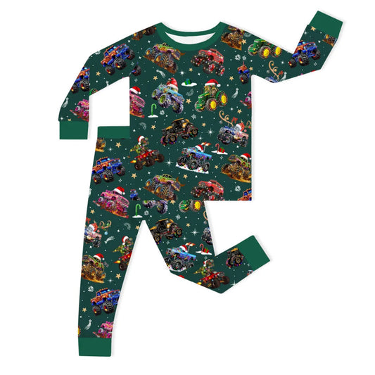 Christmas Colorful Truck Ride Game Kids Bamboo Two-Piece Pajama Set
