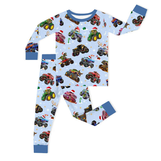 Christmas Colorful Truck Ride Game on Blue Kids Bamboo Two-Piece Pajama Set
