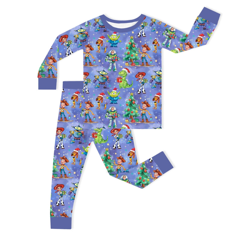 Christmas Toy and Dinosaur Friends Party Kids Bamboo Two-Piece Pajama Set