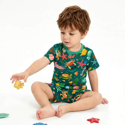 Kids Bamboo Two-Piece Pajama Set Ocean Crab and Coral Reef Green