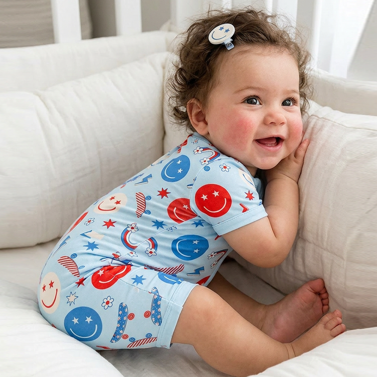 4th of July Smiley Faces and Colorful Rainbows Sky Blue Short Bamboo Zippy Baby Romper
