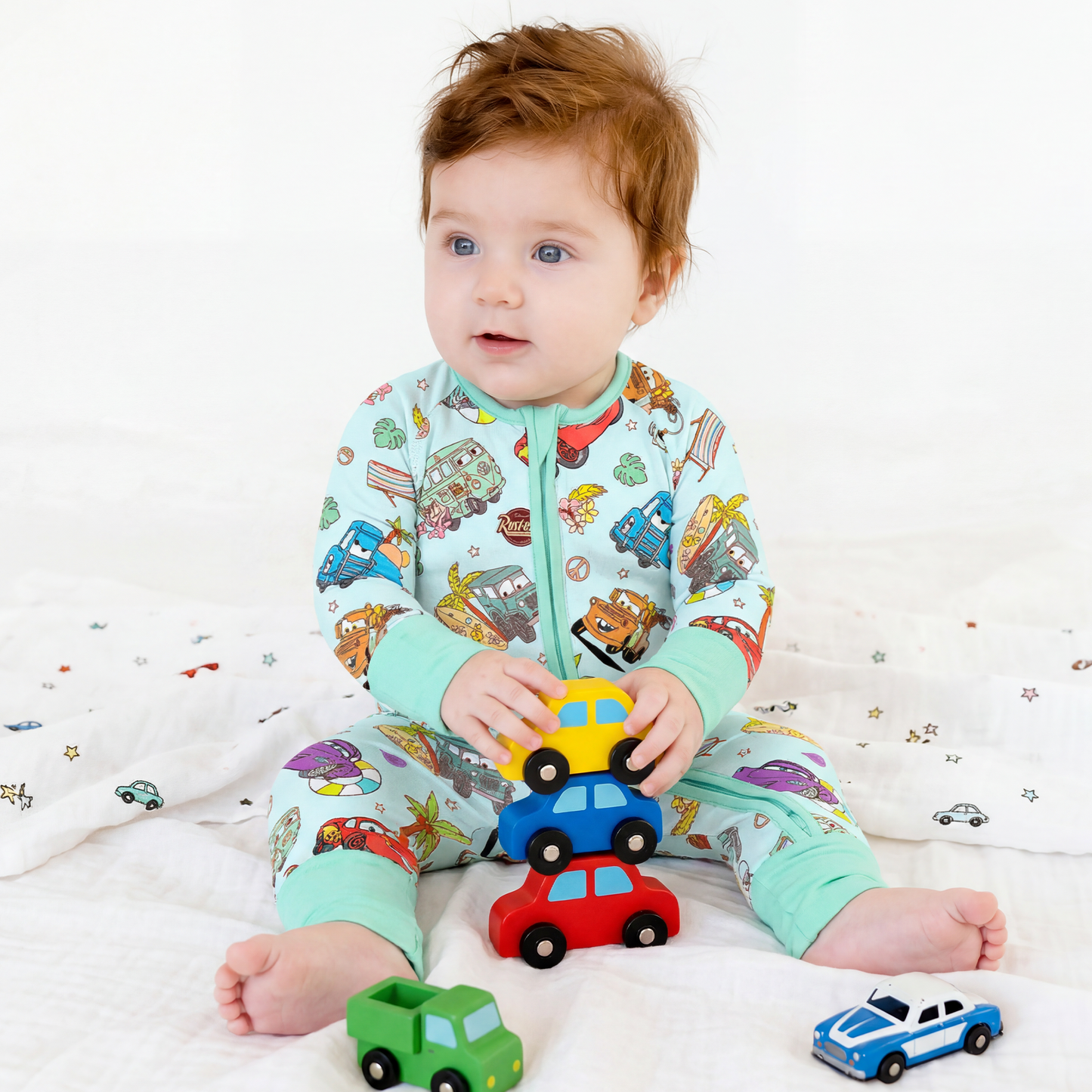 Vintage Cars Road Trip Mint Green Bamboo Zipper Romper Pajamas