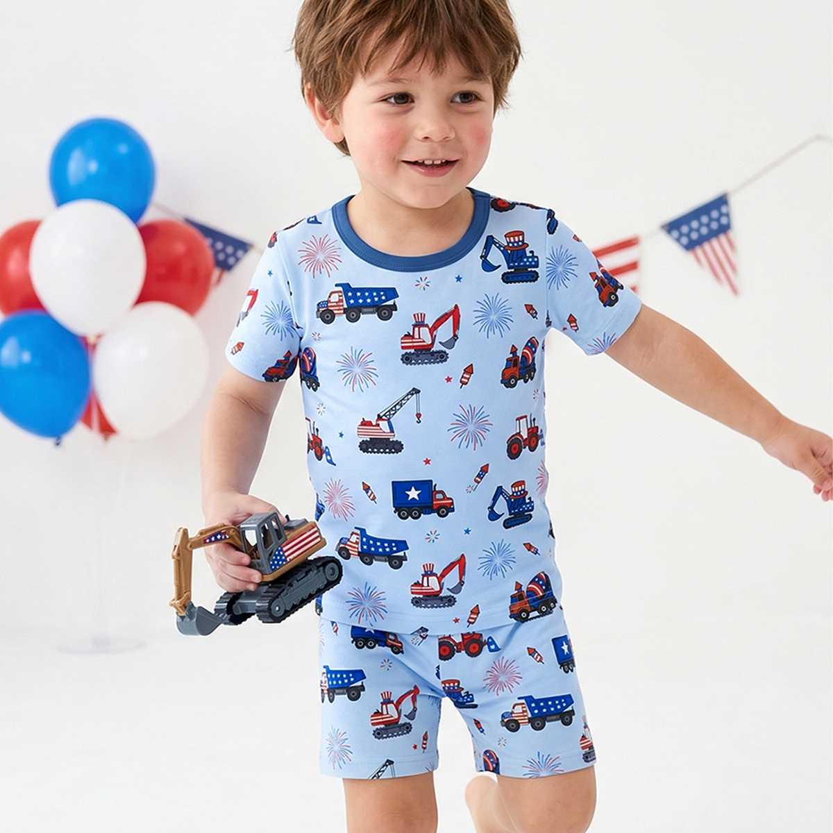 4th of July Stars Truck and Fireworks Kids Bamboo Two-Piece Pajama Set