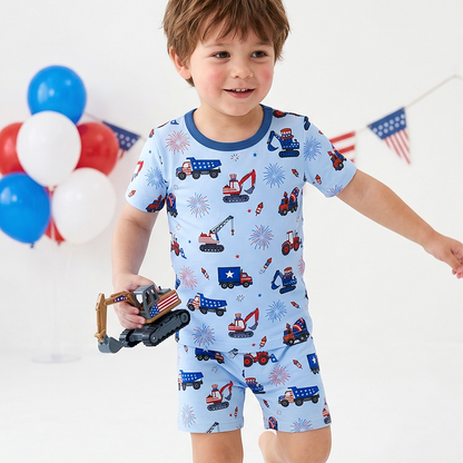 4th of July Stars Truck and Fireworks Kids Bamboo Two-Piece Pajama Set