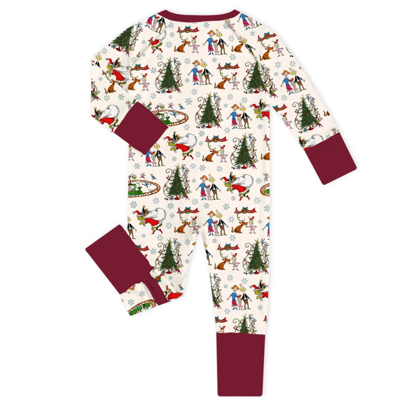 Christmas Snowflake Green Face Dog Baby Bamboo Zipper Romper Pajamas