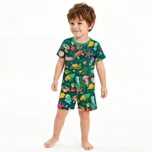Ocean Crab and Coral Reef Green Kids Bamboo Two-Piece Pajama Short Sleeve Set