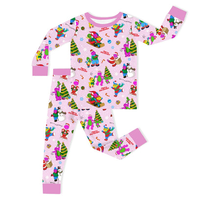 Christmas Pink Dino and Friends on Cotton Pink Kids Bamboo Two-Piece Pajama Set