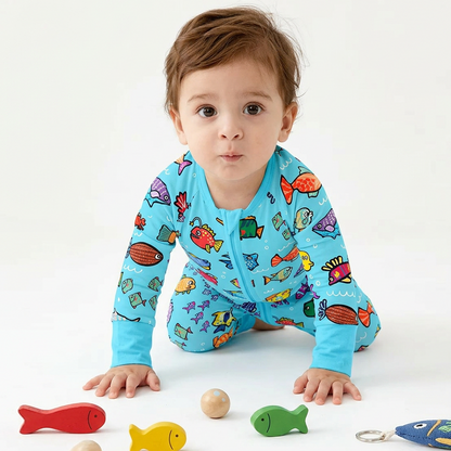 Baby Bamboo Zipper Pajama Romper Blue Ocean Fish Frenzy
