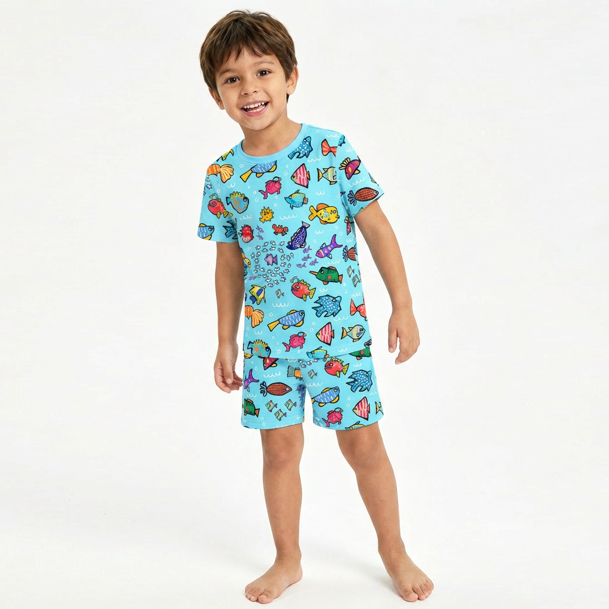 Kids Bamboo Two-Piece Pajama Set Blue Ocean Fish Frenzy
