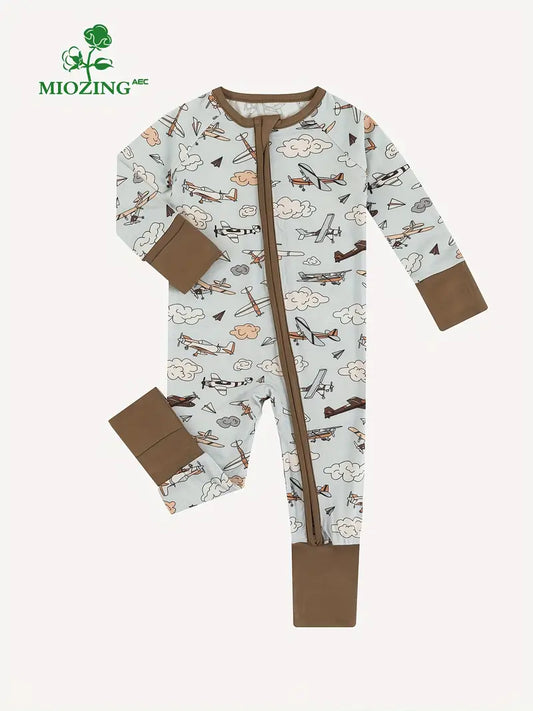 Newborn Baby Bamboo Fiber Vintage Airplane Print Long Sleeve Outdoor Zipper Bodysuit