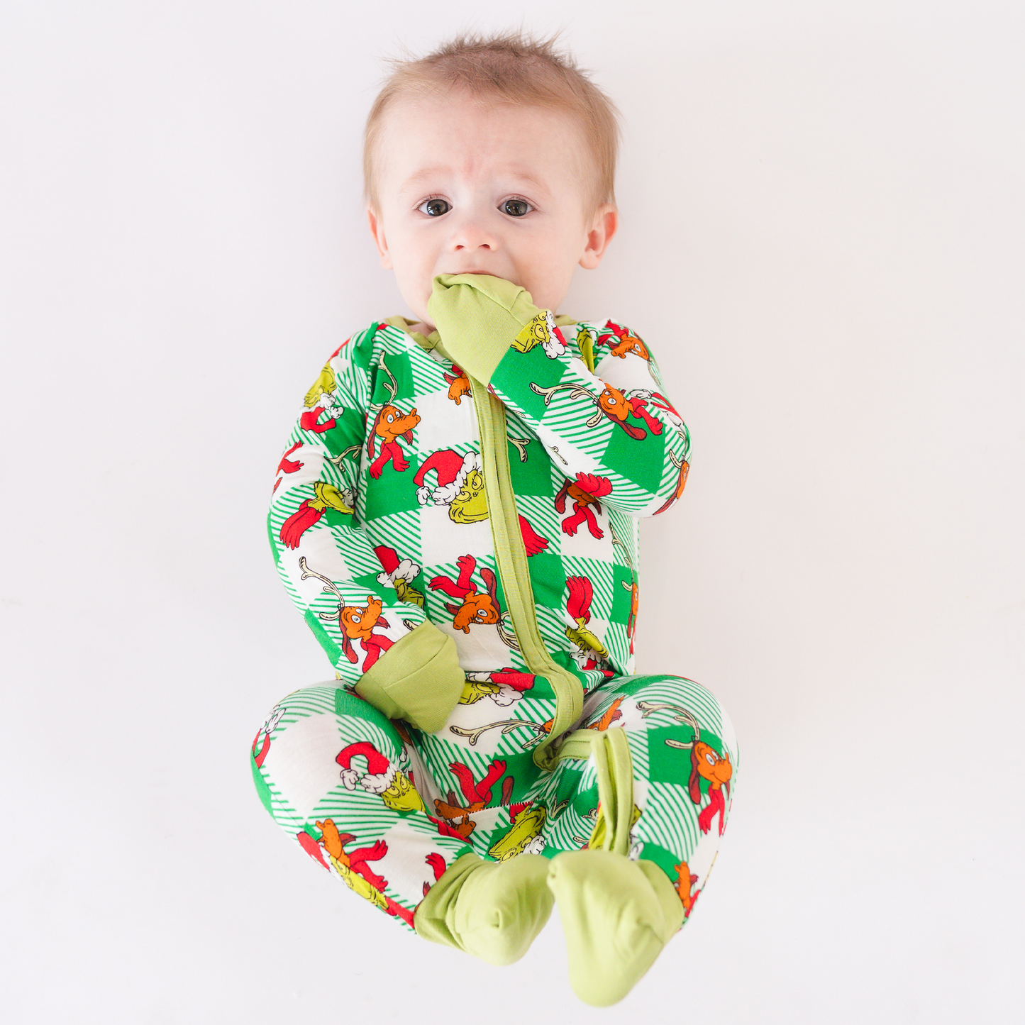 Christmas Plaid Green Guy Bamboo Red Zipper Baby Romper