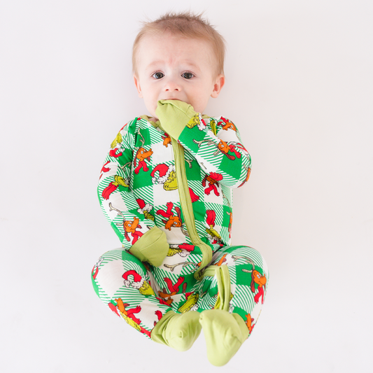 Christmas Plaid Green Guy Bamboo Red Zipper Baby Romper