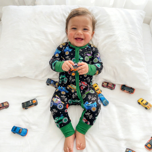 Dino Truck Power Adventure Ride Bamboo Zipper Romper Pajamas