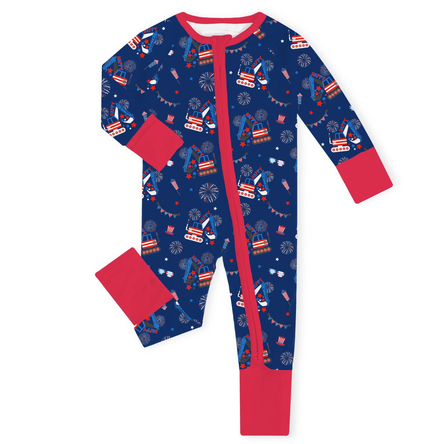 4th of July Red White Fireworks and Truck Baby Bamboo Zipper Pajama Romper