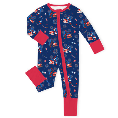 4th of July Red White Fireworks and Truck Baby Bamboo Zipper Pajama Romper