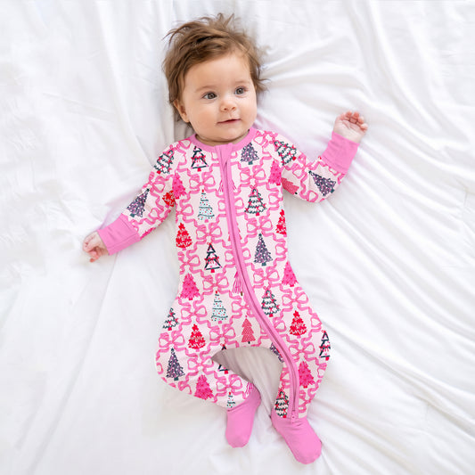 Christmas-themed baby bamboo fiber zipper pajamas bodysuit with bow tree design